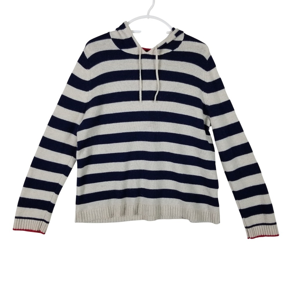 Tabitha Webb Hoodie Women XL Navy Cream Striped Lambswool Blend Knit Pullover